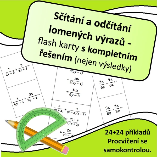Lomené výrazy - sčítání a odčítání - flash karty s kompletním řešením, nejen výsledky