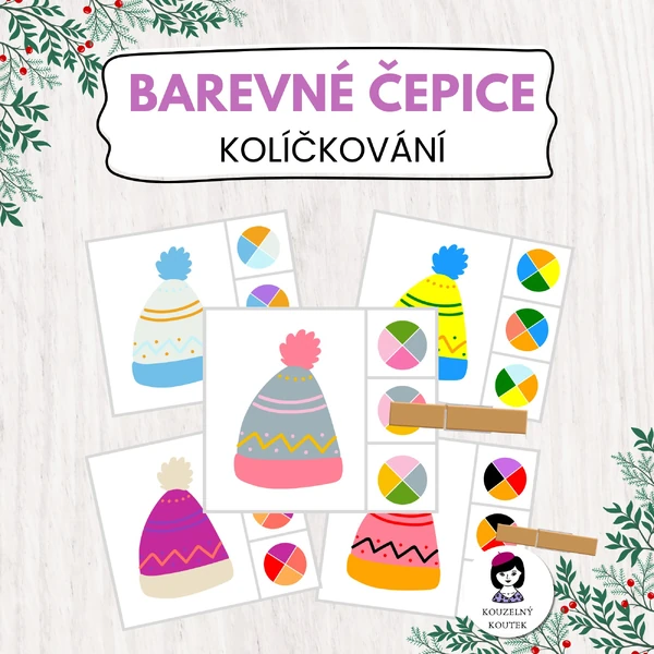 Barevné třídění čepice| Barevné kolíčkování | Vánoce, zima, advent, | Quiet book | Busy book