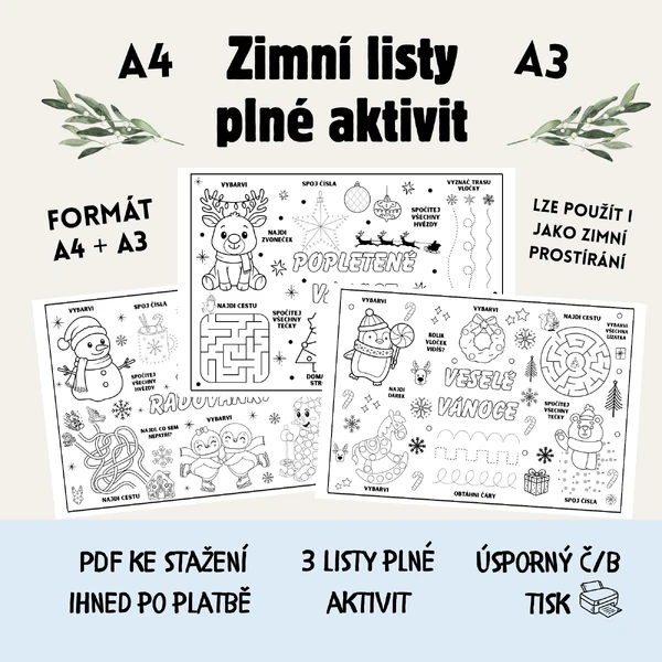 Zimní pracovní listy – 3 zábavné aktivity (A4/A3)