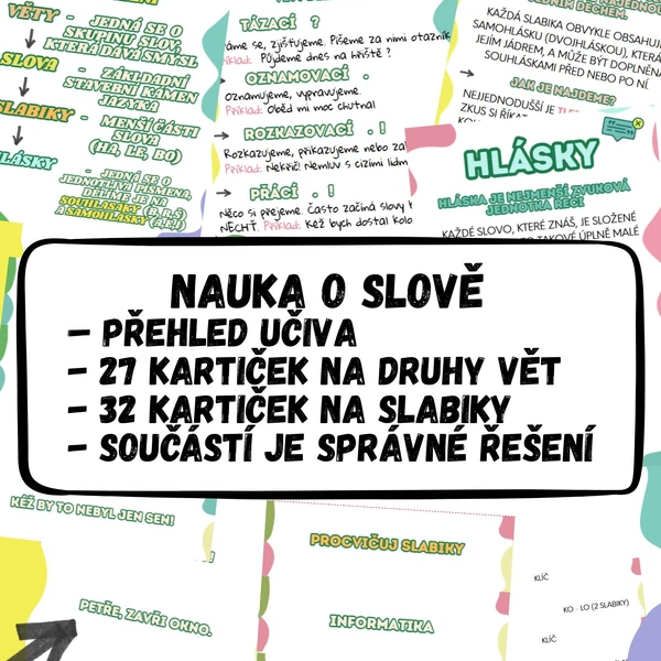 NAUKA O SLOVĚ (přehled učiva + 27 kartiček na druhy vět + 32 kartiček na slabiky se správným řešením)