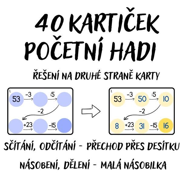 POČETNÍ HADI - 40 kartiček pro rychlíky nebo na zpestření hodiny (s řešením)