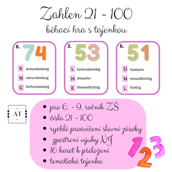 Zahlen 21 - 100 - běhací hra s tajenkou
