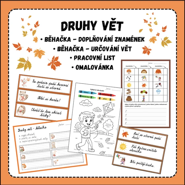 Druhy vět - běhačka, pracovní listy a omalovánka
