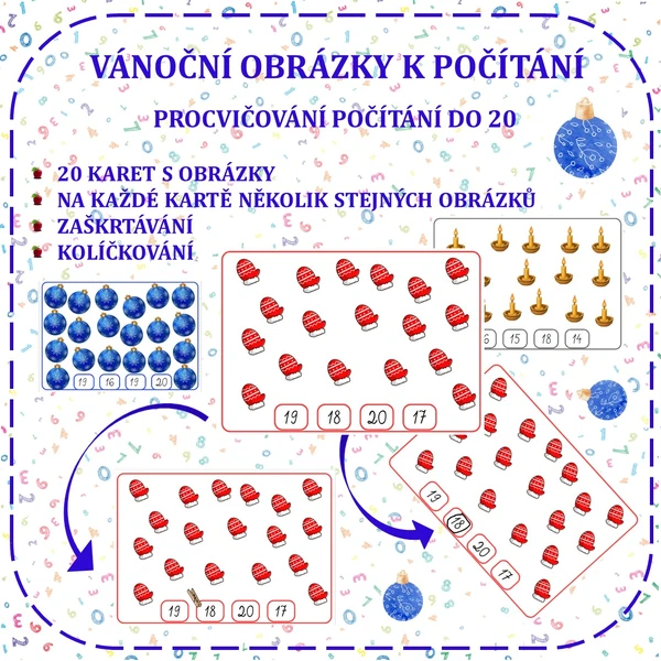 VÁNOČNÍ OBRÁZKY K POČÍTÁNÍ - zaškrtávání/kolíčkování