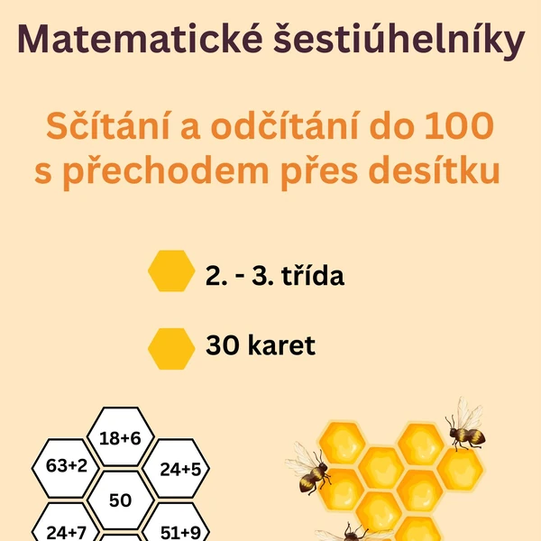 Matematické šestiúhelníky - sčítání a odčítání do 100 s přechodem přes desítku