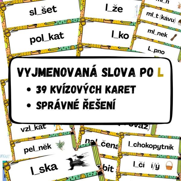 Vyjmenovaná slova po L - 39 kvízových karet se správným řešením.