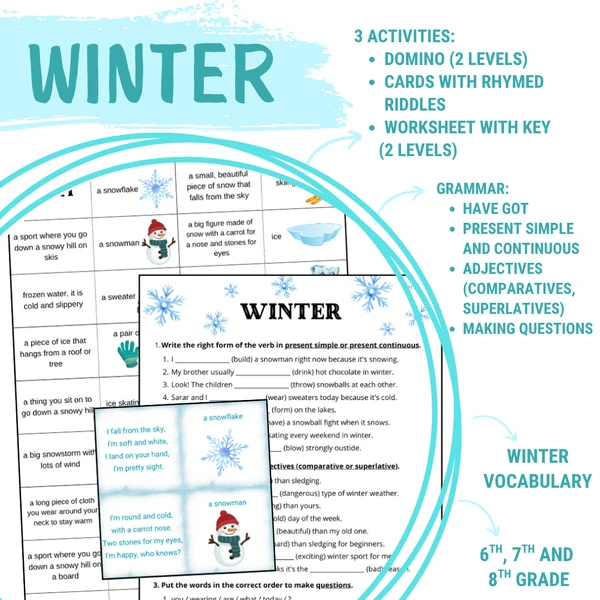 Winter (domino, cards with rhymed riddles, worksheets)