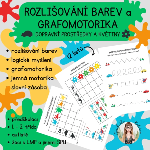 Barevné rozlišování a grafomotorika - dopravní prostředky a rostliny