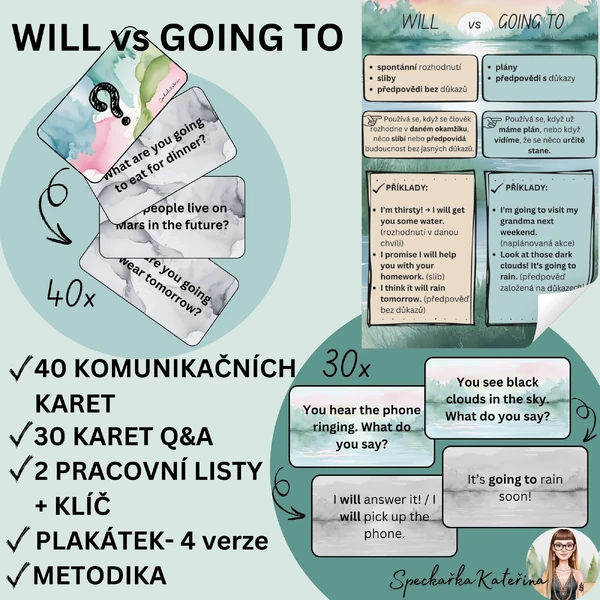 WILL vs GOING TO konverzační karty, pracovní list a plakát