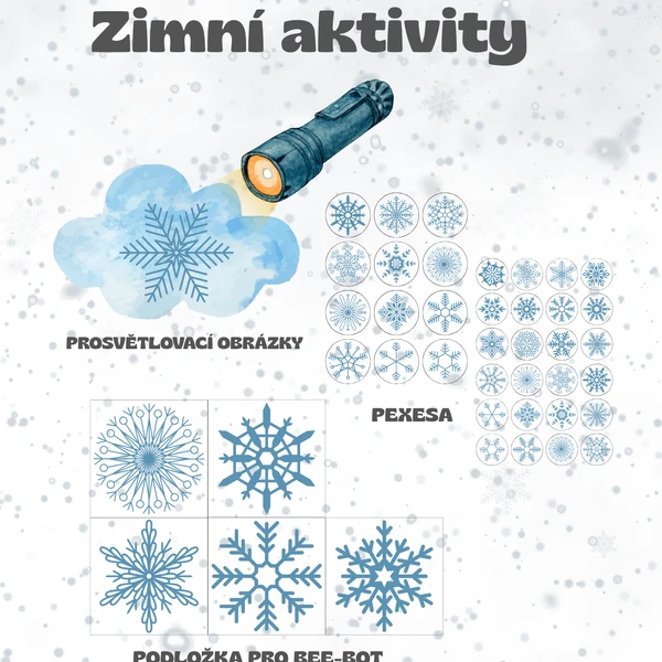 Zimní aktivity s vločkama - prosvětlovací obrázky, pexesa, obrázky do podložky na bee bot