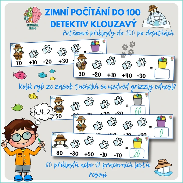 Zimní počítání do 100 po desítkách - Řetězové příklady Detektiv Klouzavý