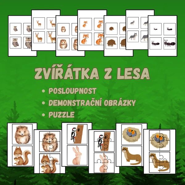 Zvířátka z lesa (obrázky, posloupnost, puzzle)