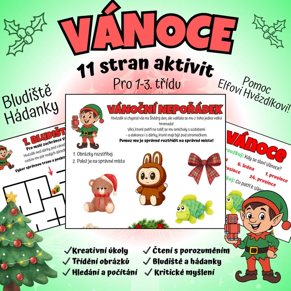 🎄Vánoční pracovní listy s elfem Hvězdíkem – barevná sada pro 1.–3. třídu✨