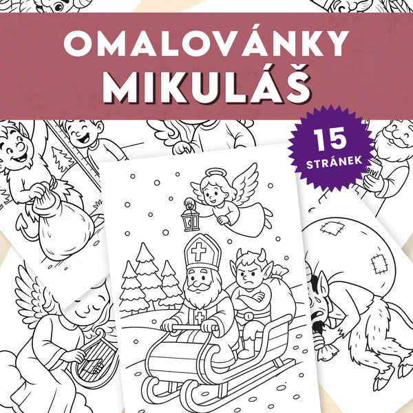 Omalovánky Mikuláš, čert a anděl – 15 PDF stran