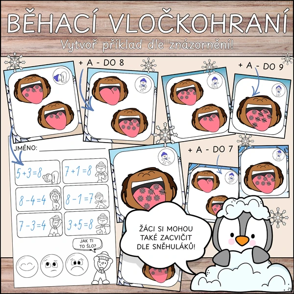 Běhací vločkohraní - tvoření příkladů dle znázornění (do 7, 8, 9)