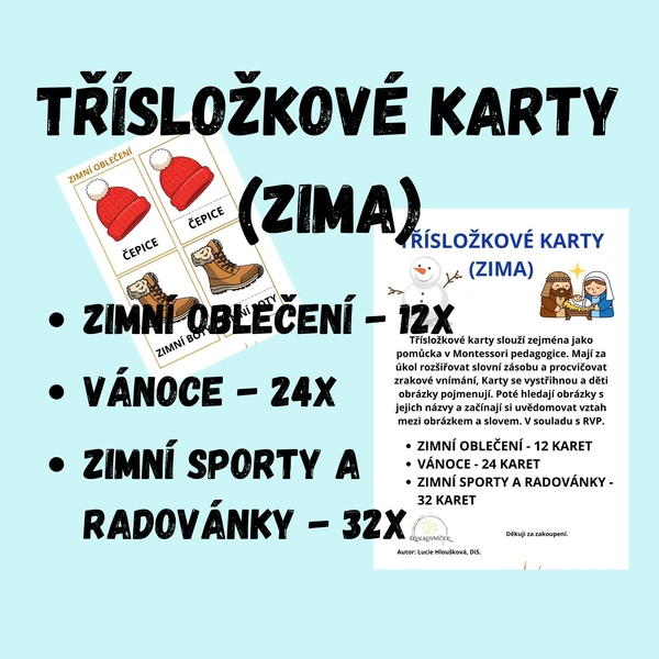 Třísložkové karty ,,ZIMA" ( zimní oblečení, Vánoce, zimní sporty a radovánky)