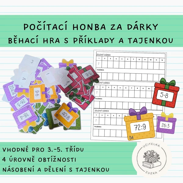Počítací honba za dárky - Běhací hra s příklady a tajenkou