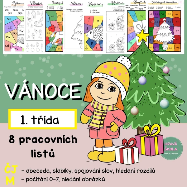 VÁNOCE - ČJ + M - 1. TŘÍDA - 8 PL + řešení