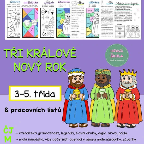 TŘI KRÁLOVÉ, NOVÝ ROK - ČJ + M - 3.-5. TŘÍDA - 8 PL + řešení