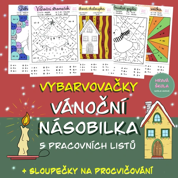 VÁNOČNÍ NÁSOBILKA - 5 PRACOVNÍCH LISTŮ - VYBARVOVAČKY -M - 3.-5. TŘÍDA + řešení