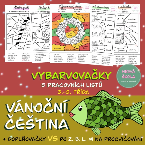 VÁNOČNÍ ČEŠTINA - 5 PRACOVNÍCH LISTŮ - VYBARVOVAČKY ČJ - 3.-5. TŘÍDA + řešení