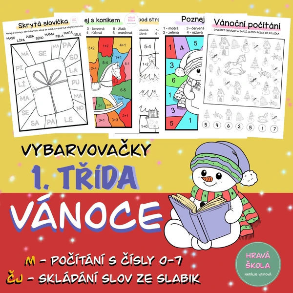VÁNOČNÍ VYBARVOVAČKY - 1. TŘÍDA -ČJ + M— 5 pracovních listů + řešení