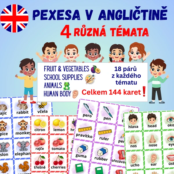Pexeso v angličtině - Fruit and vegetables/Animals/School supplies/Human body