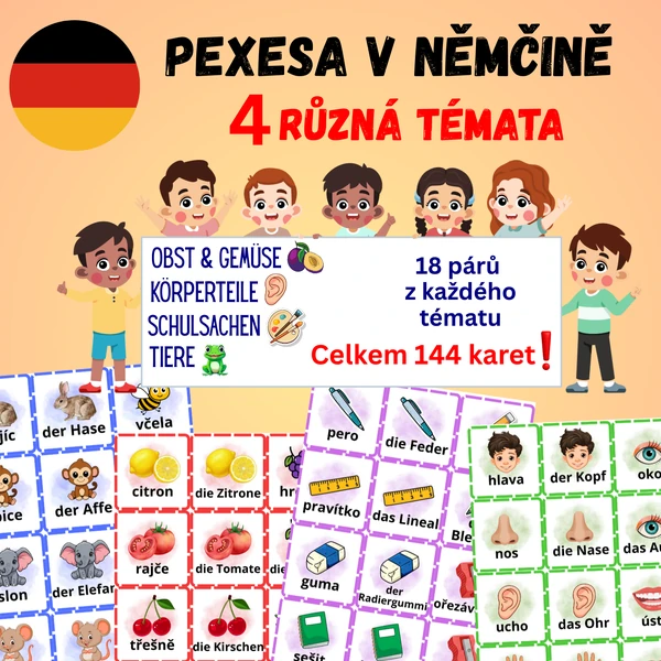 Pexeso v němčině - Obst und Gemüse/Tiere/Schulsachen/Körperteile