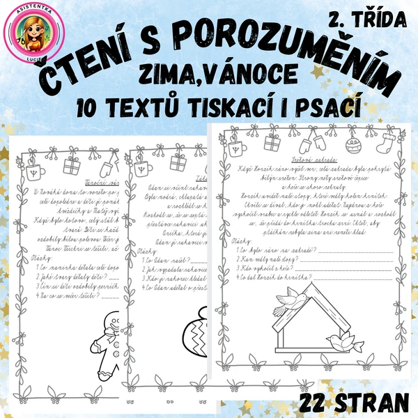 Čtení s porozuměním zima a Vánoce - 10 textů tiskací i psací pro 2. třídu