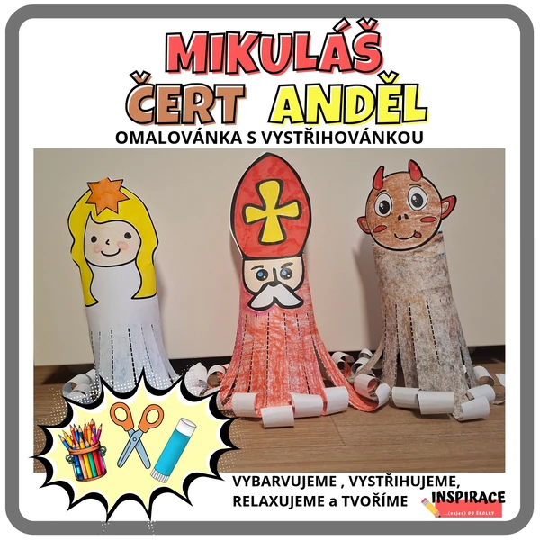 Mikuláš, čert, anděl - omalovánka s vystřihovánkou