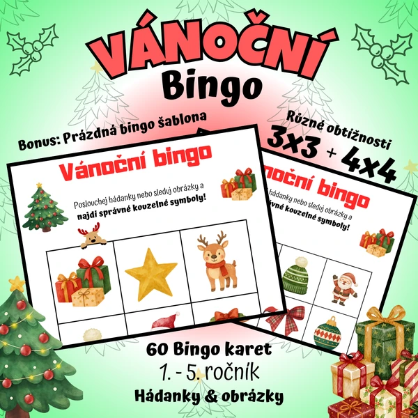 🎄Vánoční BINGO – 3×3 a 4×4 | Obrázky & hádanky🎄