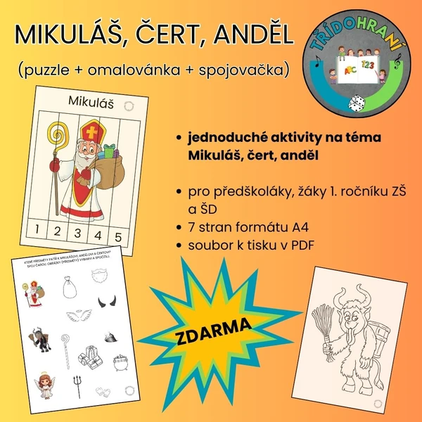Mikuláš, čert, anděl - puzzle, omalovánka, spojovačka