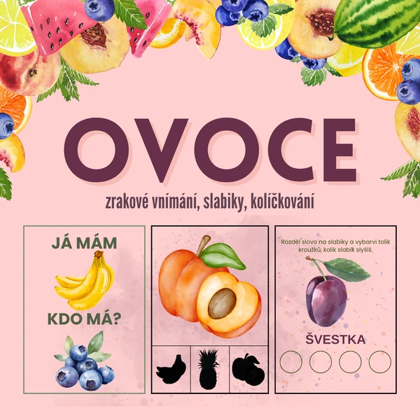 🍎🍐 OVOCE – zrakové vnímání, slabiky, kolíčkování