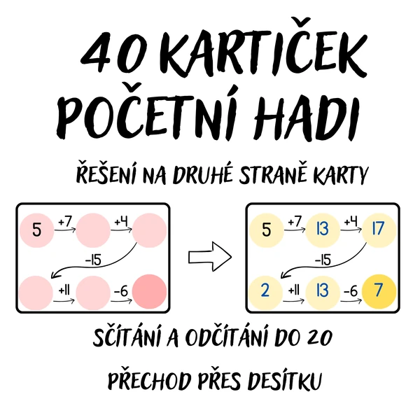 POČETNÍ HADI pro rychlíky - 40 kartiček na sčítání a odčítání do 20 (s řešením)
