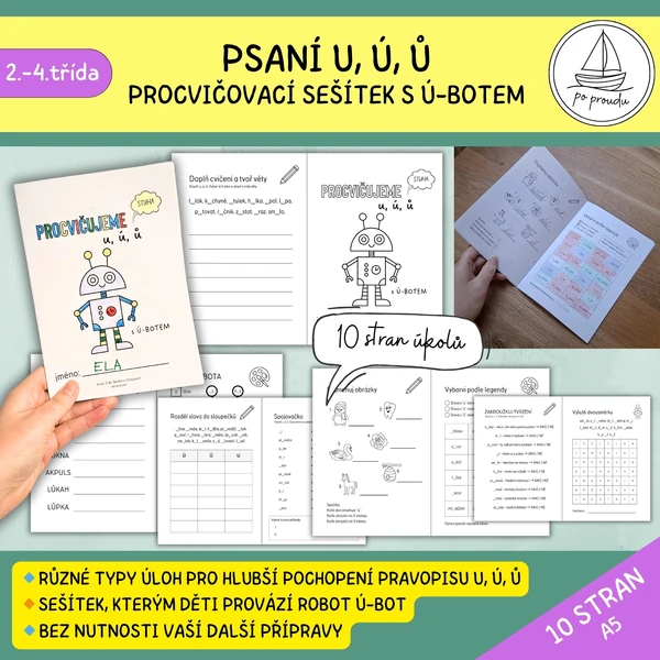 Psaní u, ú, ů - procvičovací sešítek s Ú-BOTEM