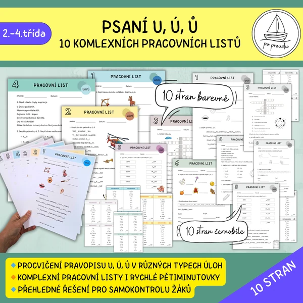 Psaní u, ú, ů - 10 pracovních listů