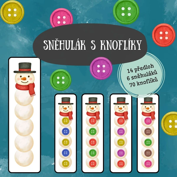 Sněhulák s knoflíky (14 předloh, 6 sněhuláků, 70 knoflíků)