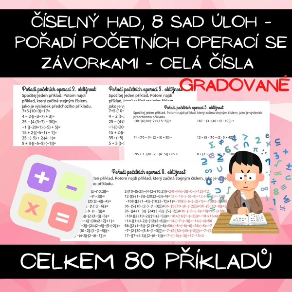 Číselný had - pořadí početních operací - závorky- gradované - celá čísla