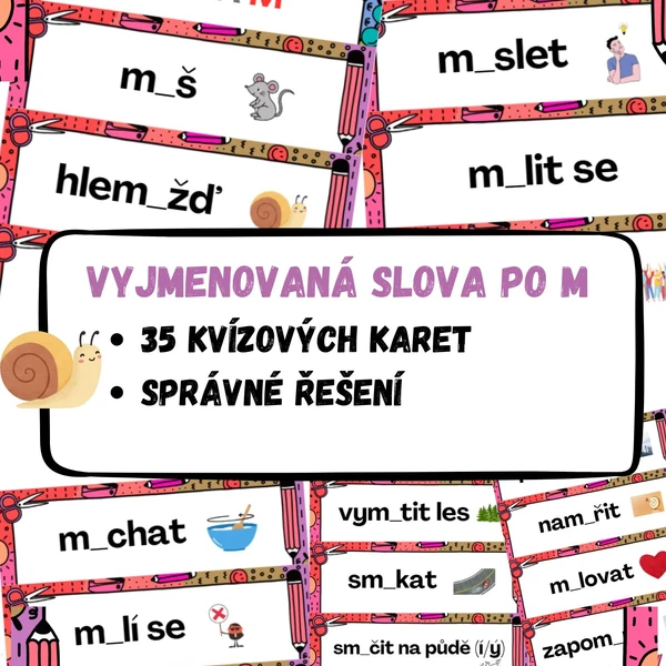 Vyjmenovaná slova po M - 35 kvízových karet se správným řešením.