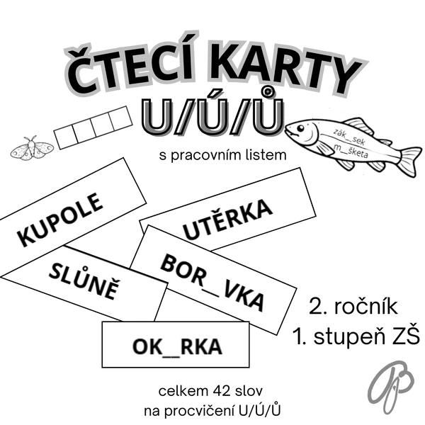 U/Ú/Ů - čtecí karty s pracovním listem