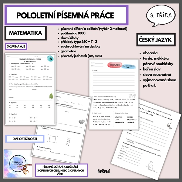 Pololetní písemná práce - matematika a český jazyk / 3. třída