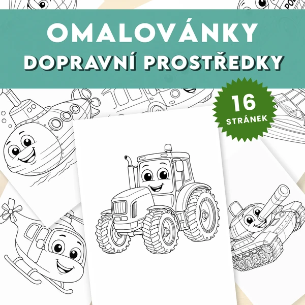 Dopravní prostředky - sada 16 omalovánek k tisku