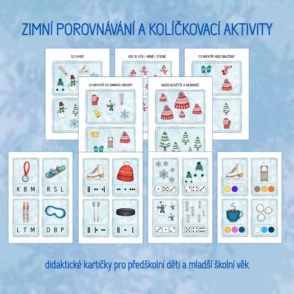 Zimní porovnávání a kolíčkovací aktivity - sada kartiček pro MŠ a mladší školní věk