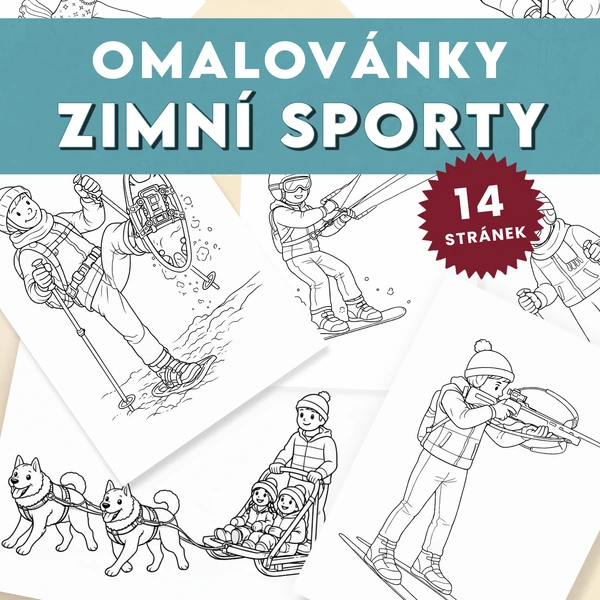 Zimní sporty - sada 14 omalovánek k tisku (PDF)