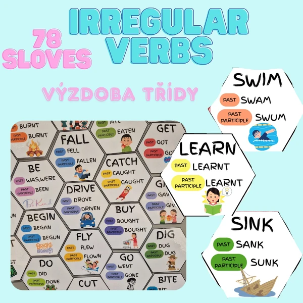 Irregular verbs - výzdoba do třídy, bulletin board hexagon, nepravidelná slovesa