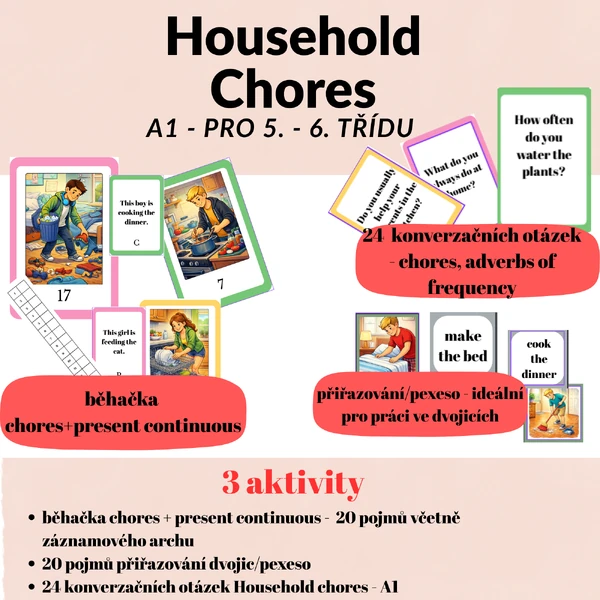 Household chores - běhačka, konverzační kartičky, přiřazování/pexeso