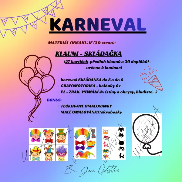 KARNEVAL - MASOPUST - soubor aktivit (skládačka /klauni/, pracovní listy, omalovánky)