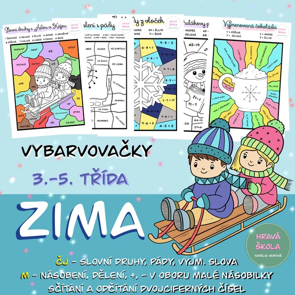 ZIMNÍ VYBARVOVAČKY ČJ + M - 3.-5. TŘÍDA - 5 pracovních listů + řešení