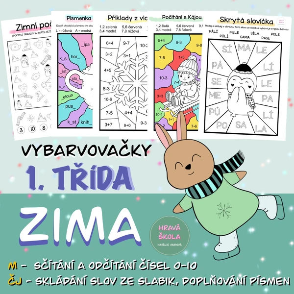ZIMNÍ VYBARVOVAČKY - 1. TŘÍDA -ČJ + M— 5 pracovních listů + řešení
