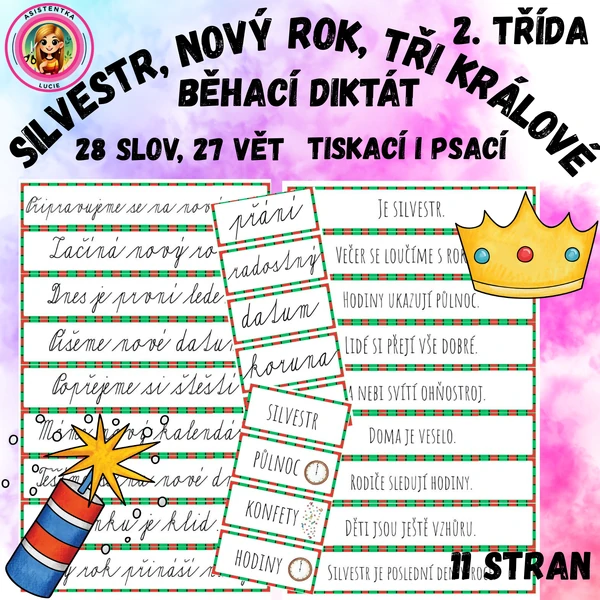 Běhací diktát pro 2. třídu - silvestr, nový rok, tři králové
